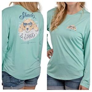 NWT Lauren James Teal Graphic Long Sleeve Sun Guard Shirt Size L